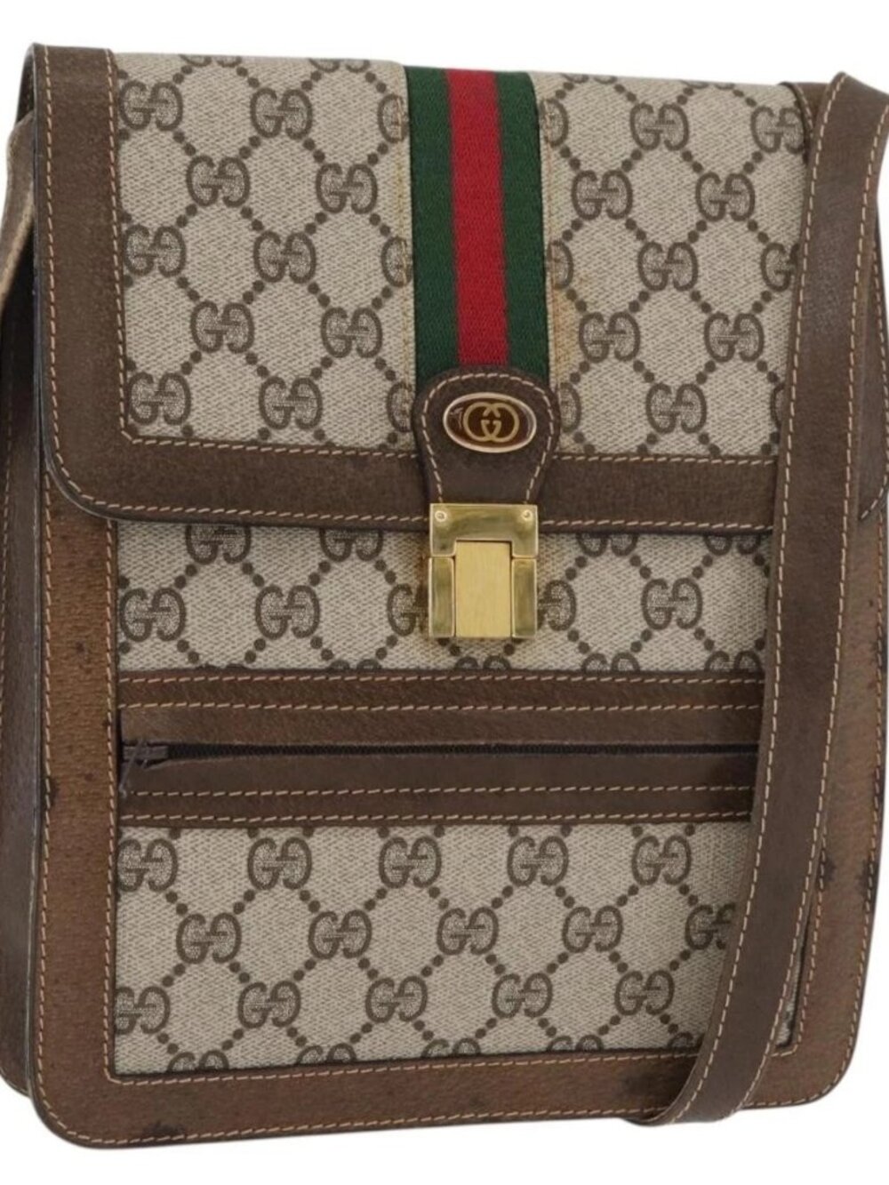 GUCCI GG Supreme Web Sherry Line Shoulder Bag PVC Beige Gold Red Auth ka4225 - Picture 11 of 13
